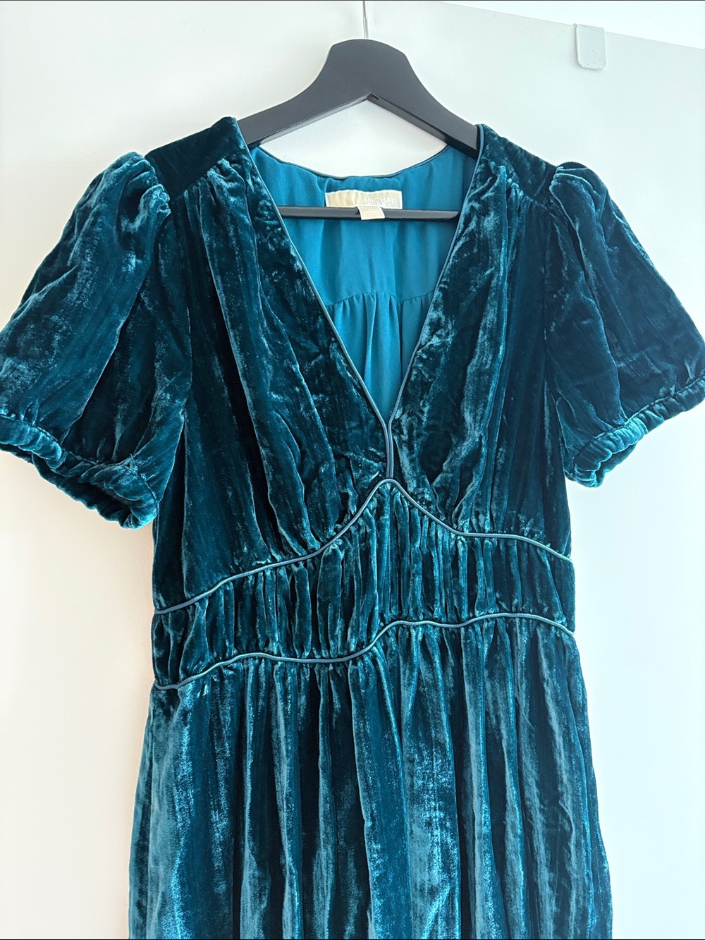 Michael Kors Teal Velvet V-Neck Puff Sleeve Maxi Dress - Picture 3 of 13